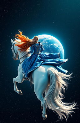 A breathtaking scene featuring the back of a woman dressed in a stunning blue armor-like gown, riding boldly on a majestic white horse with magnificent, flaming mane