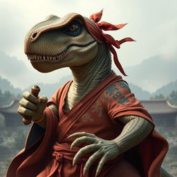A formidable T-Rex portrayed as a monk, exuding both strength and wisdom