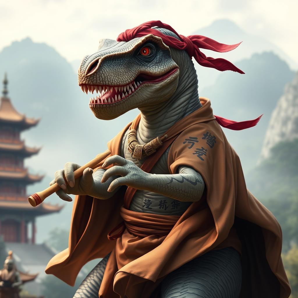 A formidable T-Rex portrayed as a monk, exuding both strength and wisdom