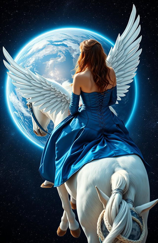 A striking image of the back of a woman in a stunning blue armor-like dress, sitting elegantly atop a majestic white winged horse