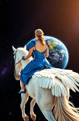 A striking image of the back of a woman in a stunning blue armor-like dress, sitting elegantly atop a majestic white winged horse