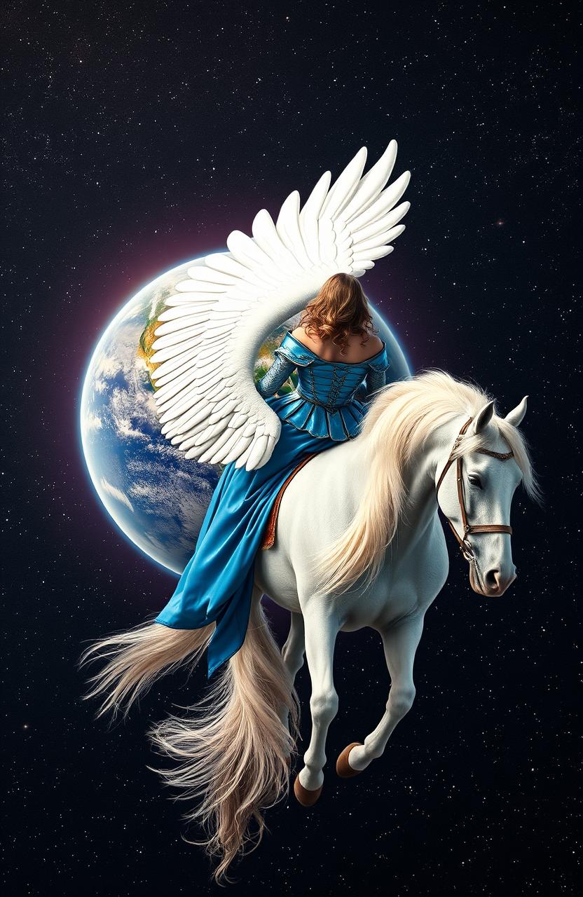 A striking image of the back of a woman in a stunning blue armor-like dress, sitting elegantly atop a majestic white winged horse