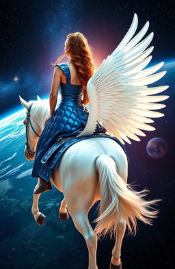 A striking image of the back of a woman in a stunning blue armor-like dress, sitting elegantly atop a majestic white winged horse