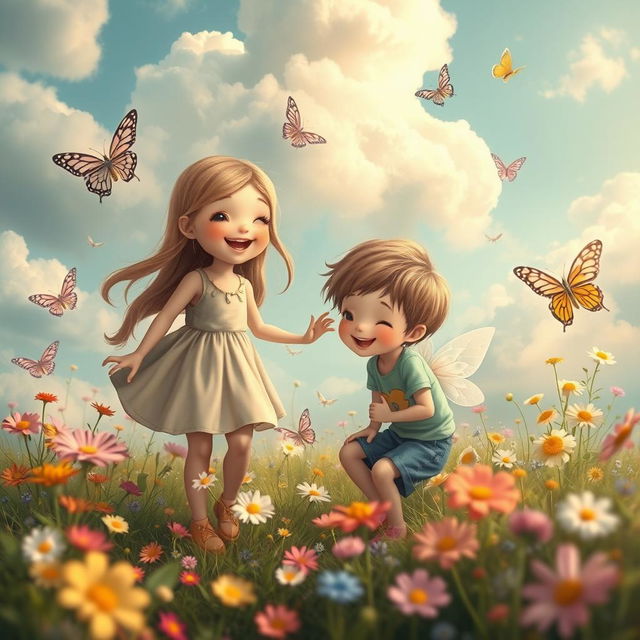 A surreal dreamlike landscape featuring two whimsical characters, a young girl with a joyful expression, and a boy, both playfully interacting in a safe, nurturing environment filled with colorful flowers and soft, fluffy clouds