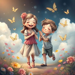 A surreal dreamlike landscape featuring two whimsical characters, a young girl with a joyful expression, and a boy, both playfully interacting in a safe, nurturing environment filled with colorful flowers and soft, fluffy clouds