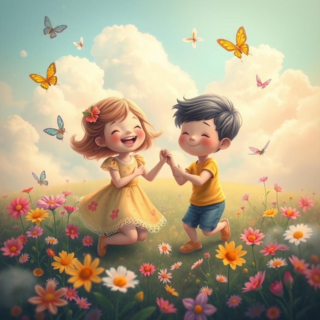 A surreal dreamlike landscape featuring two whimsical characters, a young girl with a joyful expression, and a boy, both playfully interacting in a safe, nurturing environment filled with colorful flowers and soft, fluffy clouds