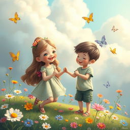 A surreal dreamlike landscape featuring two whimsical characters, a young girl with a joyful expression, and a boy, both playfully interacting in a safe, nurturing environment filled with colorful flowers and soft, fluffy clouds