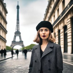 A stylish woman wearing a beret, standing on a cobblestone street in Paris with the Eiffel Tower just visible in the background