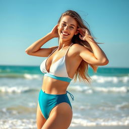 A young woman with a confident and playful demeanor, in her early twenties, posing on a sunlit beach