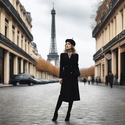 A stylish woman wearing a beret, standing on a cobblestone street in Paris with the Eiffel Tower just visible in the background