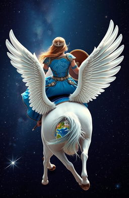 A stunning back view of a woman in a beautiful blue armor-like dress adorned with intricate designs, complemented by an elegant tiara