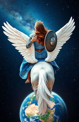 A stunning back view of a woman in a beautiful blue armor-like dress adorned with intricate designs, complemented by an elegant tiara