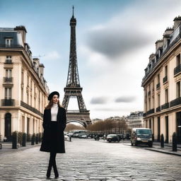 A stylish woman wearing a beret, standing on a cobblestone street in Paris with the Eiffel Tower just visible in the background