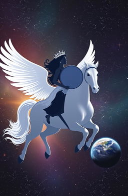 A beautiful female silhouette with a graceful posture, wearing a sparkling tiara, wielding a round shield, majestically riding a majestic white winged horse