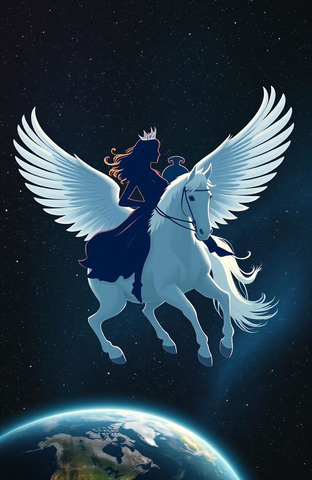 A beautiful female silhouette with a graceful posture, wearing a sparkling tiara, wielding a round shield, majestically riding a majestic white winged horse