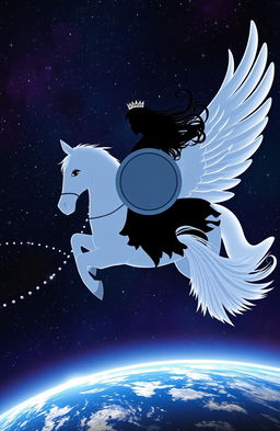 A beautiful female silhouette with a graceful posture, wearing a sparkling tiara, wielding a round shield, majestically riding a majestic white winged horse