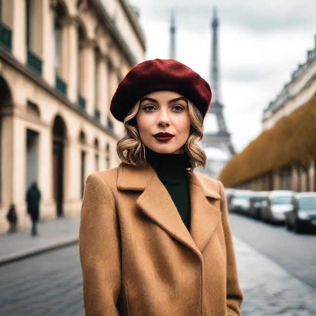 A stylish woman wearing a beret, standing on a cobblestone street in Paris with the Eiffel Tower just visible in the background