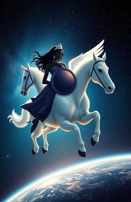 A beautiful female silhouette with a graceful posture, wearing a sparkling tiara, wielding a round shield, majestically riding a majestic white winged horse