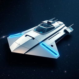 A flat parallelepiped spaceship designed with sleek, futuristic angles and surfaces