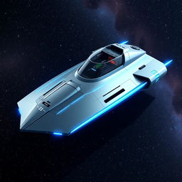 A flat parallelepiped spaceship designed with sleek, futuristic angles and surfaces