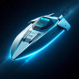 A flat parallelepiped spaceship designed with sleek, futuristic angles and surfaces