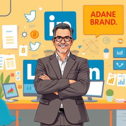 A visually captivating illustration representing the concept of personal branding in the digital age, featuring a confident professional in business attire standing in front of a stylized LinkedIn logo