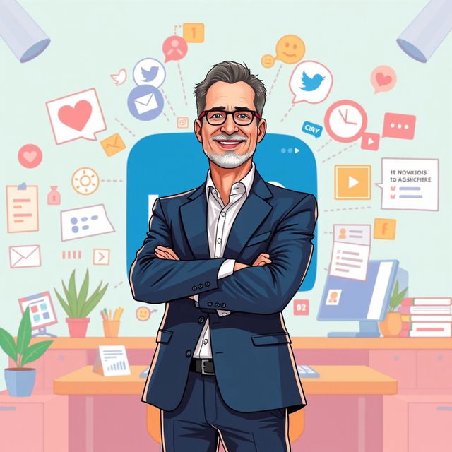 A visually captivating illustration representing the concept of personal branding in the digital age, featuring a confident professional in business attire standing in front of a stylized LinkedIn logo