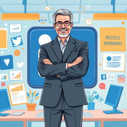 A visually captivating illustration representing the concept of personal branding in the digital age, featuring a confident professional in business attire standing in front of a stylized LinkedIn logo