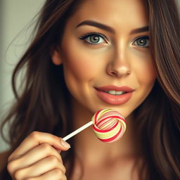 A close-up portrait of a beautiful young woman with striking features, focusing on her sensual expression while she playfully engages with a lollipop