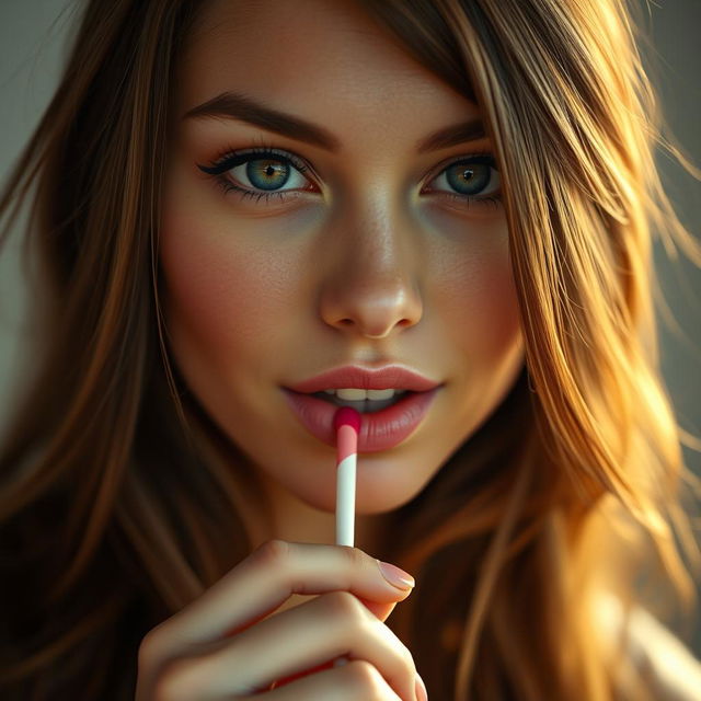 A close-up portrait of a beautiful young woman with striking features, focusing on her sensual expression while she playfully engages with a lollipop