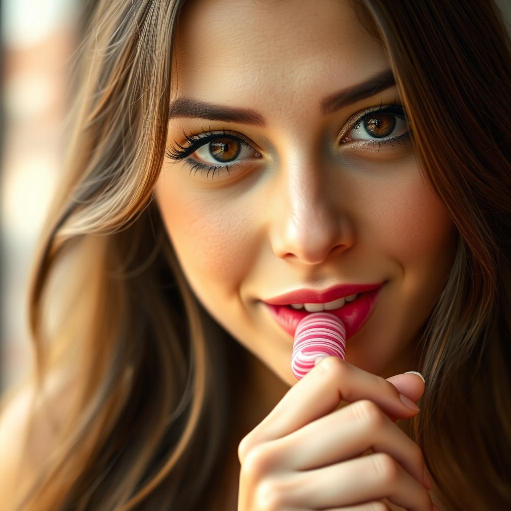 A close-up portrait of a beautiful young woman with striking features, focusing on her sensual expression while she playfully engages with a lollipop