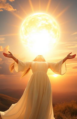 A breathtaking scene depicting a woman with her arms outstretched towards a titanic ball of heavenly light, illuminating the surrounding area with a warm, golden glow