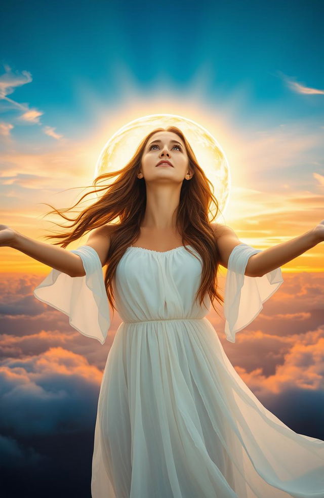 A breathtaking scene depicting a woman with her arms outstretched towards a titanic ball of heavenly light, illuminating the surrounding area with a warm, golden glow