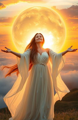 A breathtaking scene depicting a woman with her arms outstretched towards a titanic ball of heavenly light, illuminating the surrounding area with a warm, golden glow