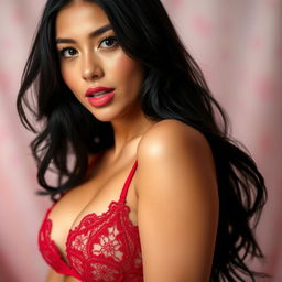 A close-up of a woman with long, flowing black hair, wearing a seductive red lingerie set