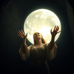 A dramatic scene of a woman in a dark, mysterious chamber, her hands reaching out towards a titanic ball of bright, glowing light that radiates warmth and energy