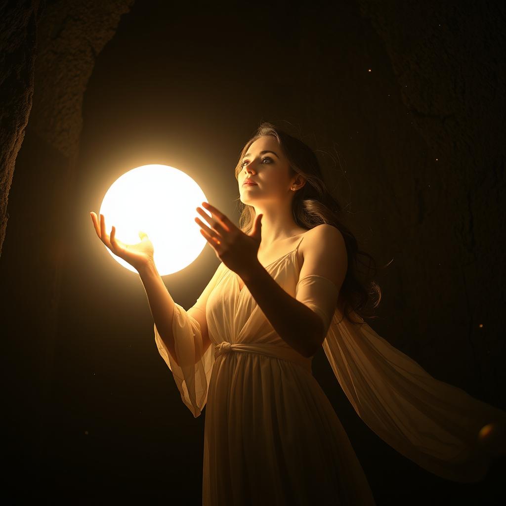 A dramatic scene of a woman in a dark, mysterious chamber, her hands reaching out towards a titanic ball of bright, glowing light that radiates warmth and energy