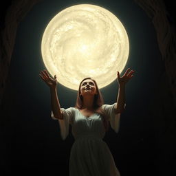 A dramatic scene of a woman in a dark, mysterious chamber, her hands reaching out towards a titanic ball of bright, glowing light that radiates warmth and energy