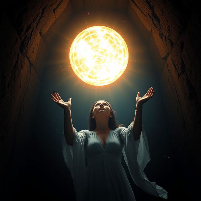 A dramatic scene of a woman in a dark, mysterious chamber, her hands reaching out towards a titanic ball of bright, glowing light that radiates warmth and energy