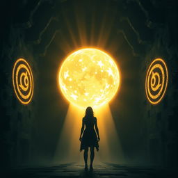 A titanic ball of heavenly light floating in the center of a dark, mysterious chamber, casting ethereal glows on the surrounding walls