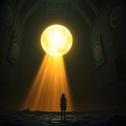 A titanic ball of heavenly light floating in the center of a dark, mysterious chamber, casting ethereal glows on the surrounding walls