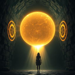 A titanic ball of heavenly light floating in the center of a dark, mysterious chamber, casting ethereal glows on the surrounding walls