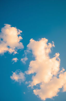 A vibrant blue sky with scattered fluffy white clouds, illuminated by the warm golden rays of the sun