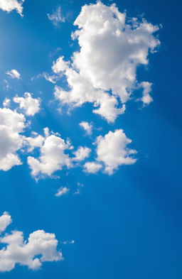 A vibrant blue sky with scattered fluffy white clouds, illuminated by the warm golden rays of the sun