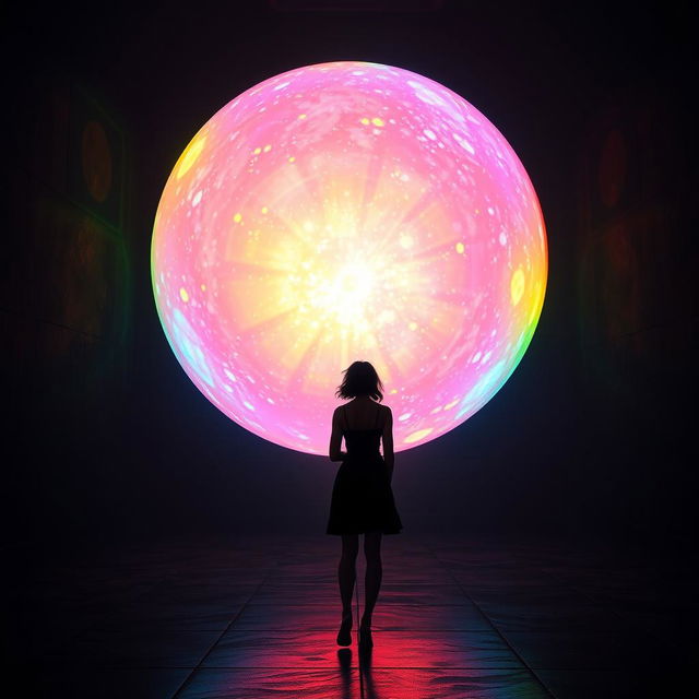 A titanic ball of heavenly rainbow light glowing vibrantly in a dark, mysterious chamber