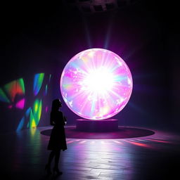 A titanic ball of heavenly rainbow light glowing vibrantly in a dark, mysterious chamber