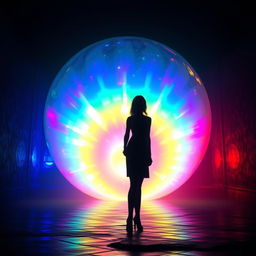 A titanic ball of heavenly rainbow light glowing vibrantly in a dark, mysterious chamber
