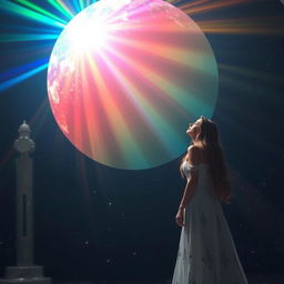 A titanic ball of heavenly rainbow light floating majestically in a dark, shadowy chamber