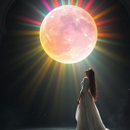 A titanic ball of heavenly rainbow light floating majestically in a dark, shadowy chamber