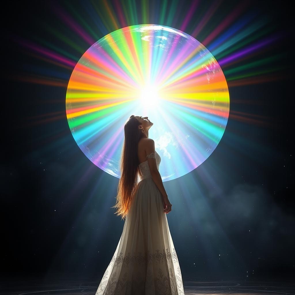 A titanic ball of heavenly rainbow light floating majestically in a dark, shadowy chamber